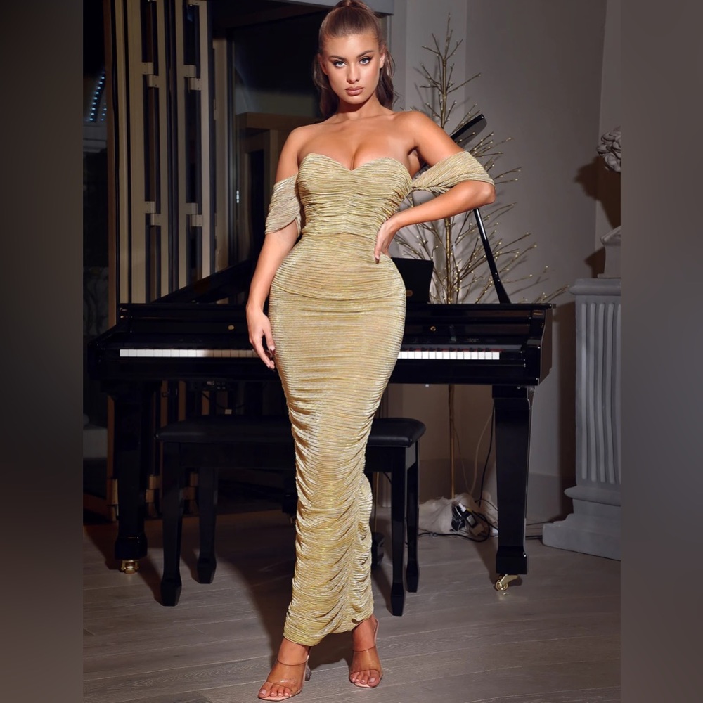 Miss Circle Gene Gold Ruched Off Shoulder Chiffon Dress